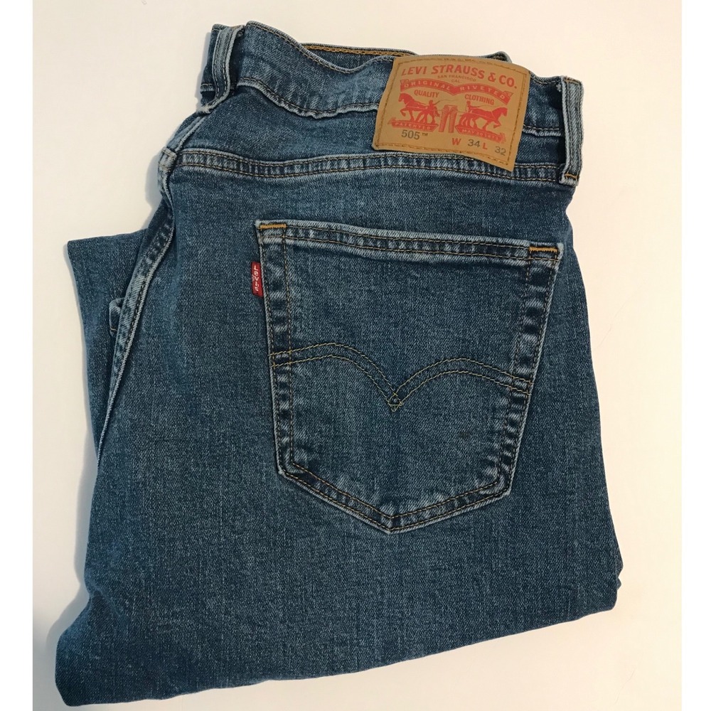Levis 505 Regular Fit Straight Leg Mens Blue Jeans 34x32 Medium Wash Denim